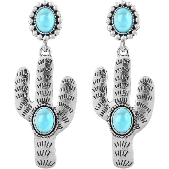 Turquoise Cactus shaped Vintage Long Summer Earring for Women Jewelry - Picture 1 of 9